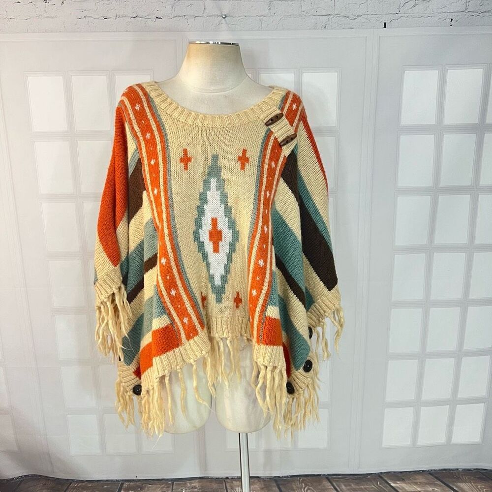 Mantos Eternity Multicolor Southwest Vibe Fringe Sweater Poncho One Size